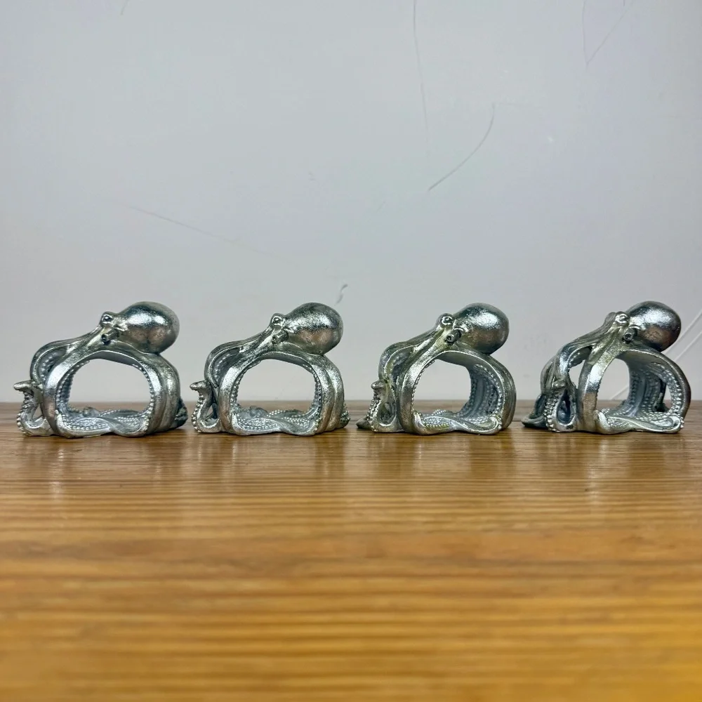 Set of 4 Silver Octopus Napkin Rings | Coastal Resin Sculpted Design | Nautical - Picture 4 of 15